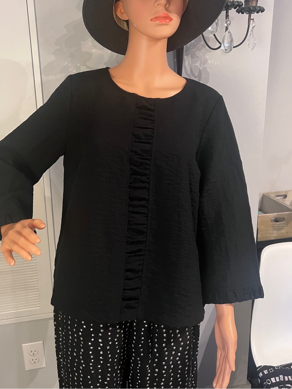 Habitat Black Long-Sleeve Ruffle-Front Tunic